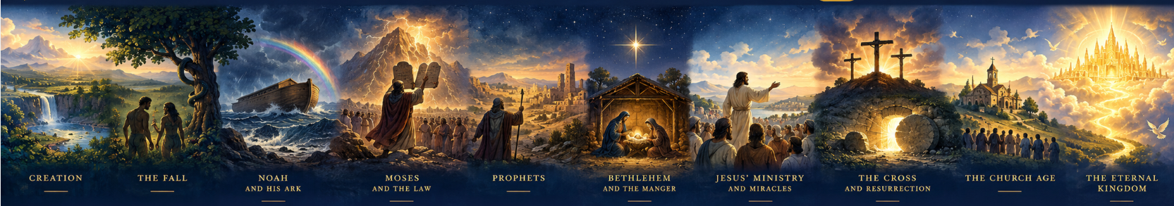 The story of Scripture, from Creation to the Eternal Kingdom: Creation, The Fall, Noah and His Ark, Moses and the Law, Prophets, Bethlehem and the Manger, Jesus' Ministry and Miracles, The Cross and Resurrection, The Church Age, The Eternal Kingdom